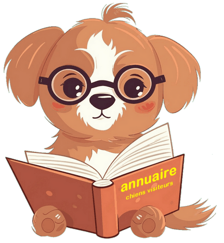 chiot qui lit l'annuaire chien visiteur