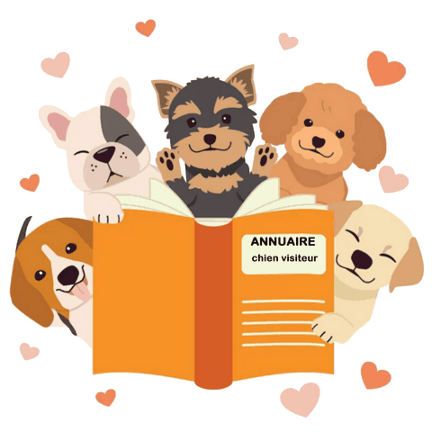 5 chiens qui lisent l'annuaire chien visiteur