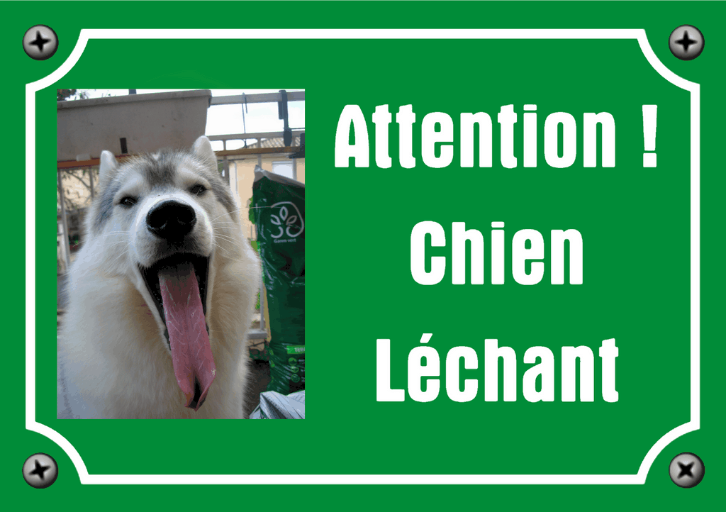 Panneau vert attention chien léchant