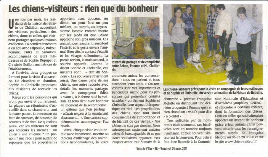 chien visiteurs, La Voix de l'Ain, 25 mars 2011